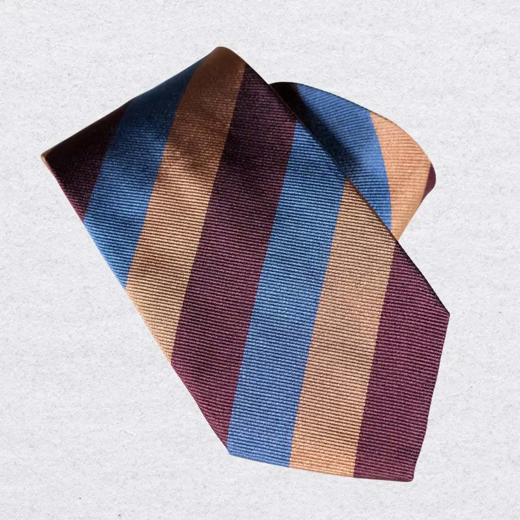 Striped silk tie with burgundy, blue, and beige colors on a white background