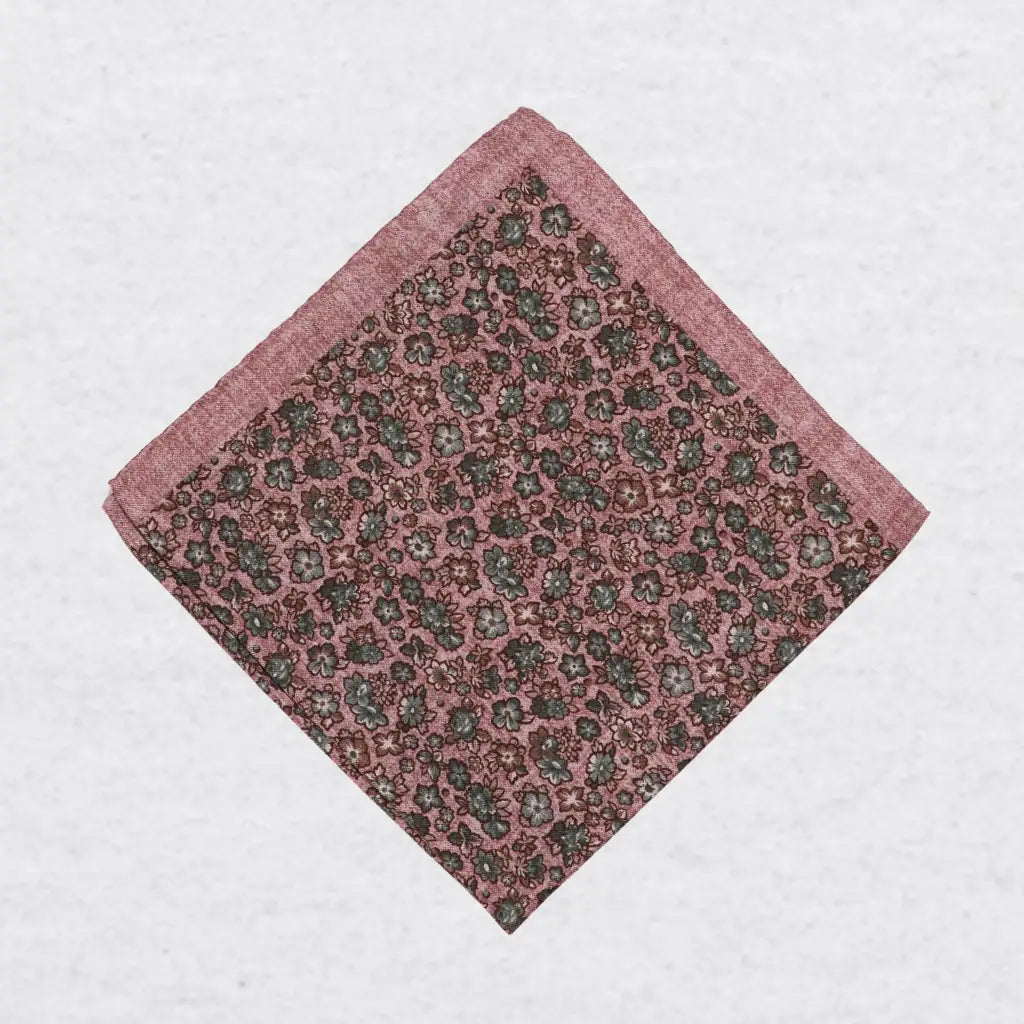 Monti Castello silk pocket square, sage blossom on blush, folded presentation