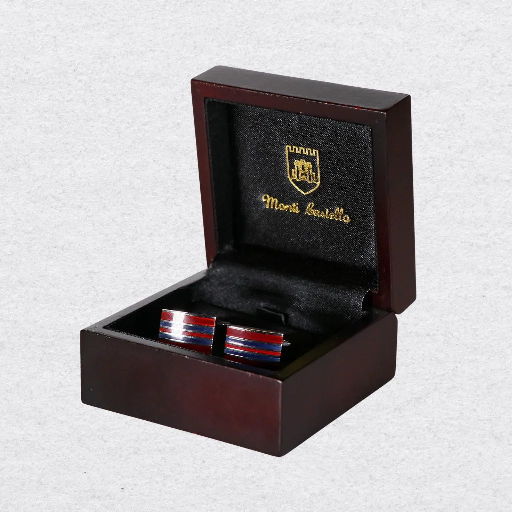 Navy, red and silver striped cufflinks in a wooden box