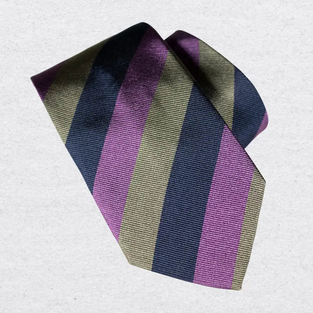 Striped Italian silk tie with purple, green, and navy colors on a white background
