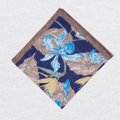 Navy and brown pocket square with birds on grey background