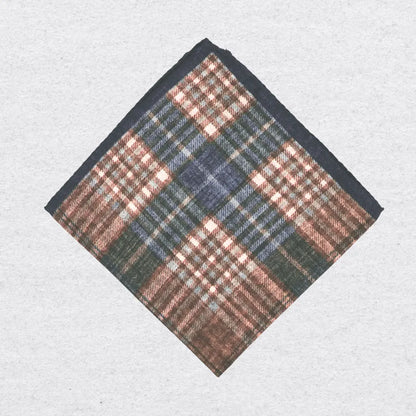 Check wool-silk pocket square with blue and brown colors folded into a square