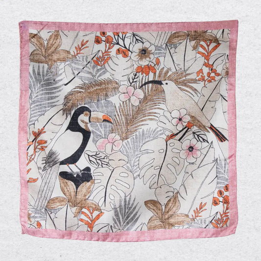 Silk pocket square with birds and floral design and a pink edging