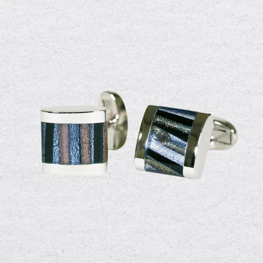 Pair of cufflinks with a blue striped design that changes colour