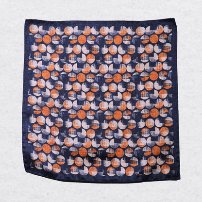 Monti Castello silk pocket square, navy terracotta bubble design, flat lay