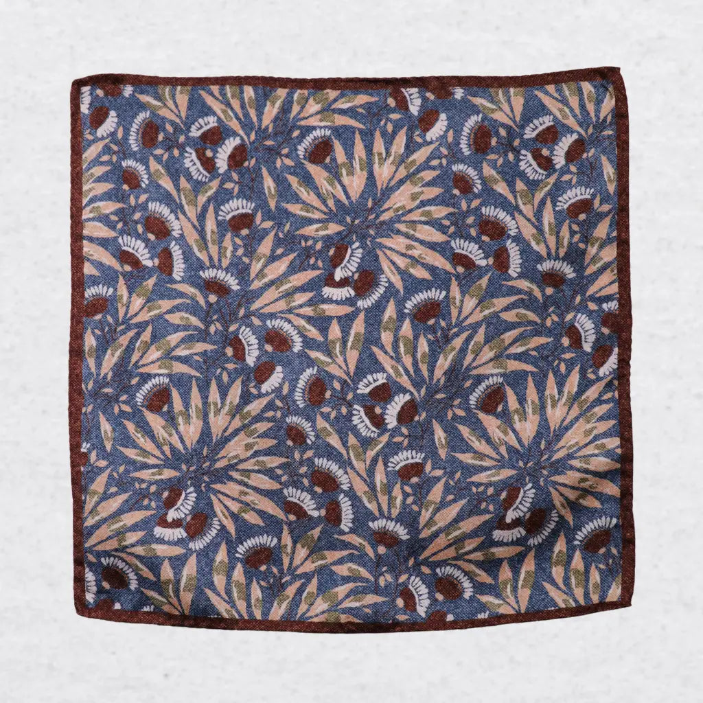 Monti Castello silk pocket square, winter blossom, flat lay