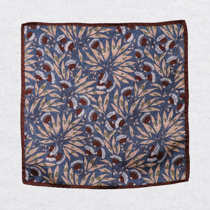 Monti Castello silk pocket square, winter blossom, flat lay