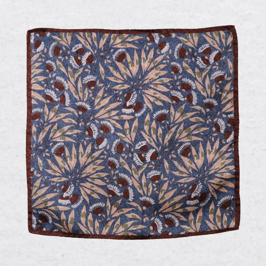 Monti Castello silk pocket square, winter blossom, flat lay