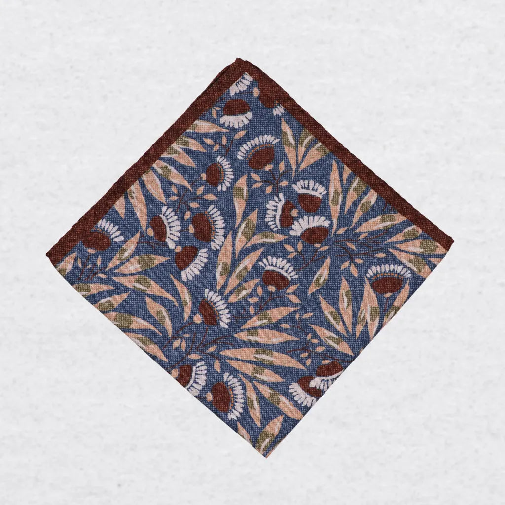 Monti Castello silk pocket square, winter blossom, folded presentation