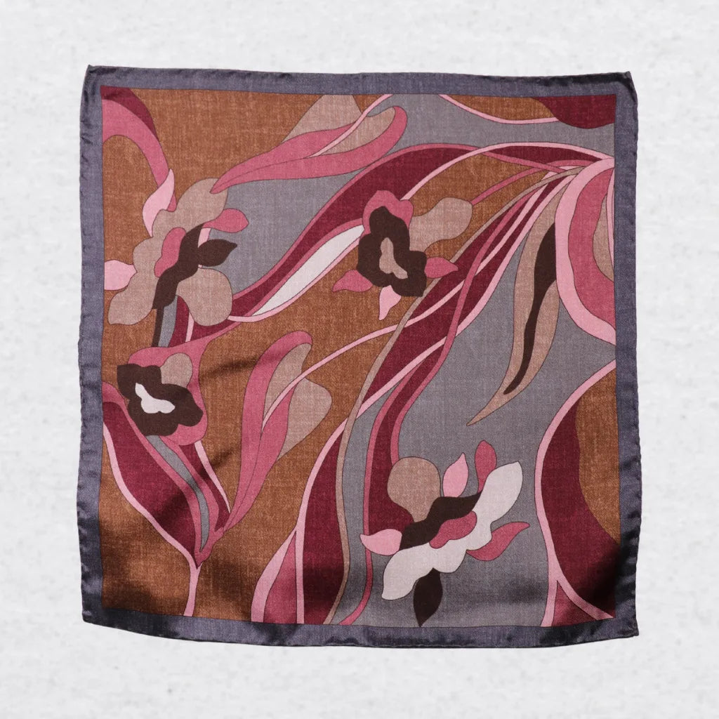 Monti Castello silk pocket square, cinnamon plum retro floral, flat lay
