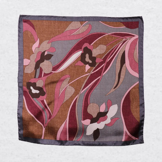 Monti Castello silk pocket square, cinnamon plum retro floral, flat lay