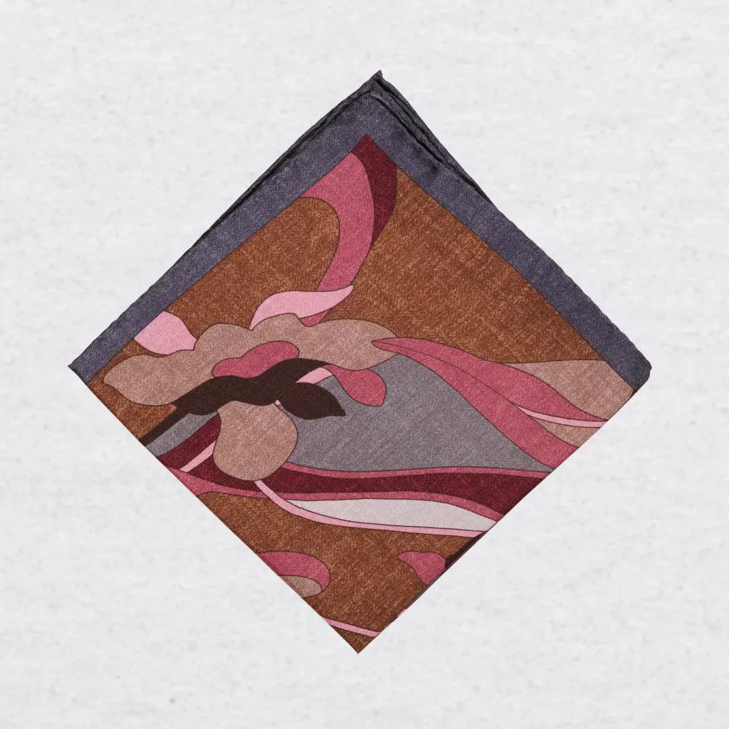 Monti Castello silk pocket square, cinnamon plum retro floral, folded presentation