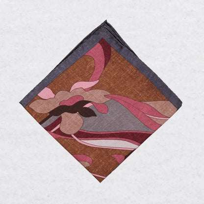 Monti Castello silk pocket square, cinnamon plum retro floral, folded presentation