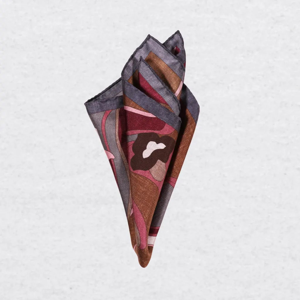 Monti Castello silk pocket square, cinnamon plum retro floral, pinched fold