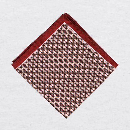 Monti Castello silk pocket square, burnt orange camel geometric, folded presentation