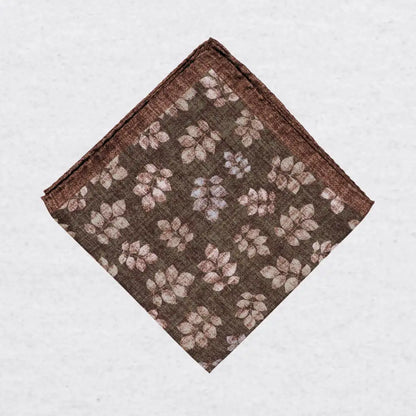 Monti Castello silk pocket square, khaki brown leaf print, folded presentation