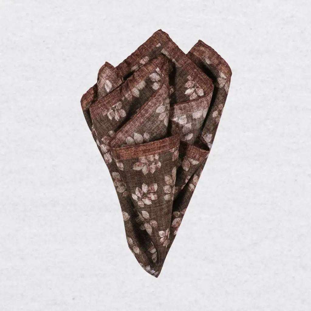 Monti Castello silk pocket square, khaki brown leaf print, pinched fold