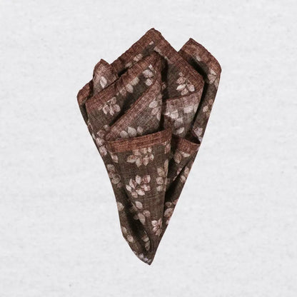 Monti Castello silk pocket square, khaki brown leaf print, pinched fold