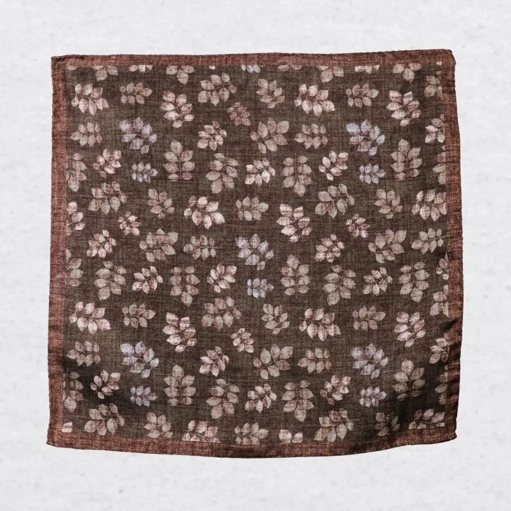 Monti Castello silk pocket square, khaki brown leaf print, flat lay