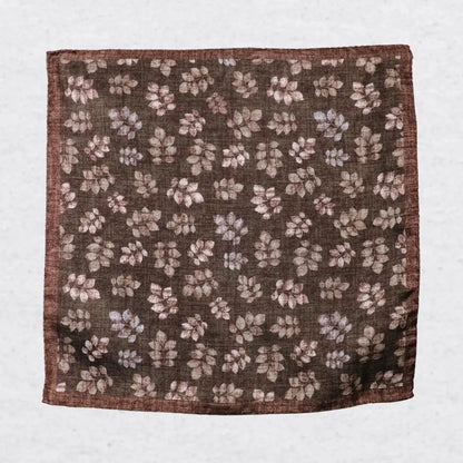 Monti Castello silk pocket square, khaki brown leaf print, flat lay
