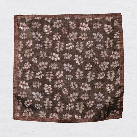 Monti Castello silk pocket square, khaki brown leaf print, flat lay
