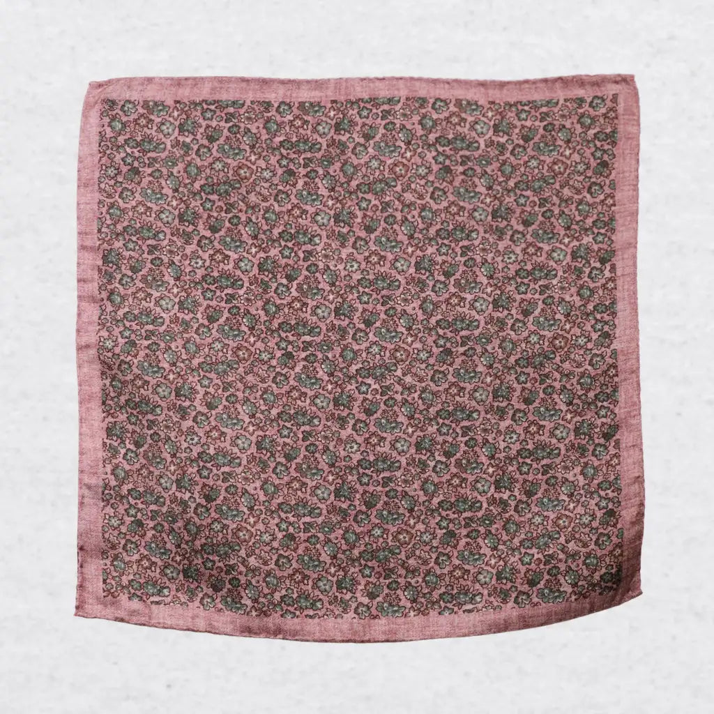Monti Castello silk pocket square, sage blossom on blush, flat lay