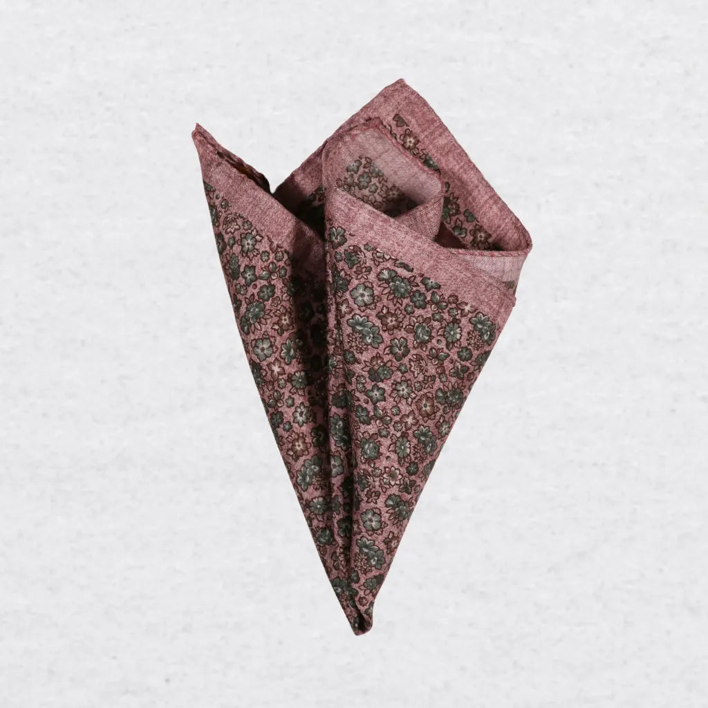 Monti Castello silk pocket square, sage blossom on blush, pinched fold