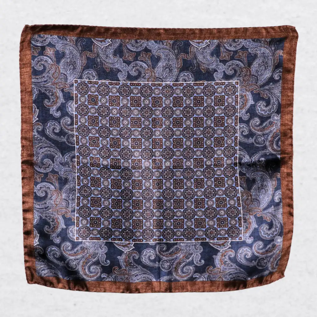 Monti Castello silk pocket square, classic rosette and paisley, flat lay