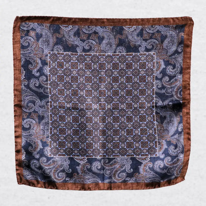 Monti Castello silk pocket square, classic rosette and paisley, flat lay