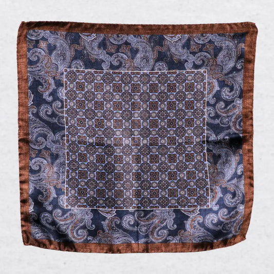 Monti Castello silk pocket square, classic rosette and paisley, flat lay