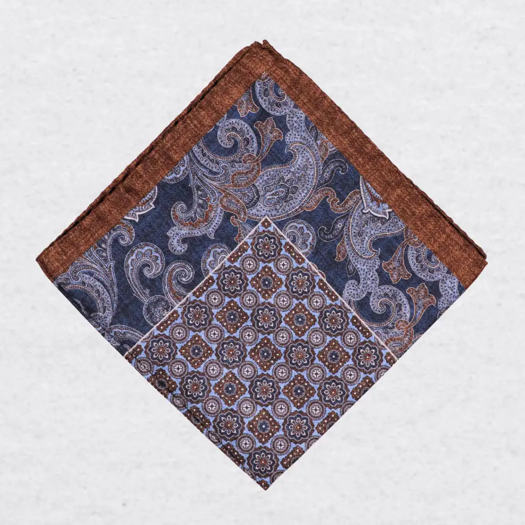 Monti Castello silk pocket square, classic rosette and paisley, folded presentation