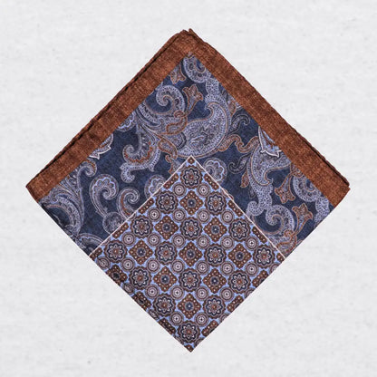 Monti Castello silk pocket square, classic rosette and paisley, folded presentation