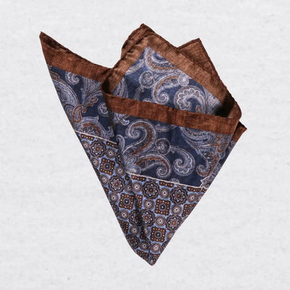 Monti Castello silk pocket square, classic rosette and paisley, pinched fold