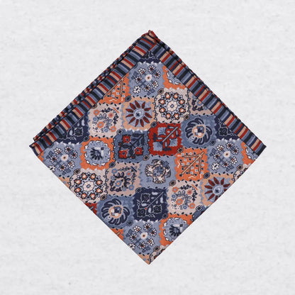 Monti Castello silk pocket square, playful patchwork, folded presentation