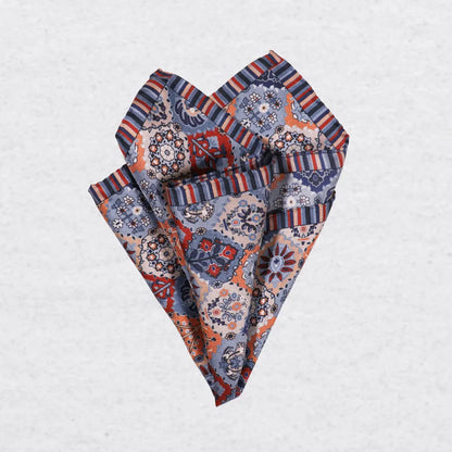 Monti Castello silk pocket square, playful patchwork, pinched fold
