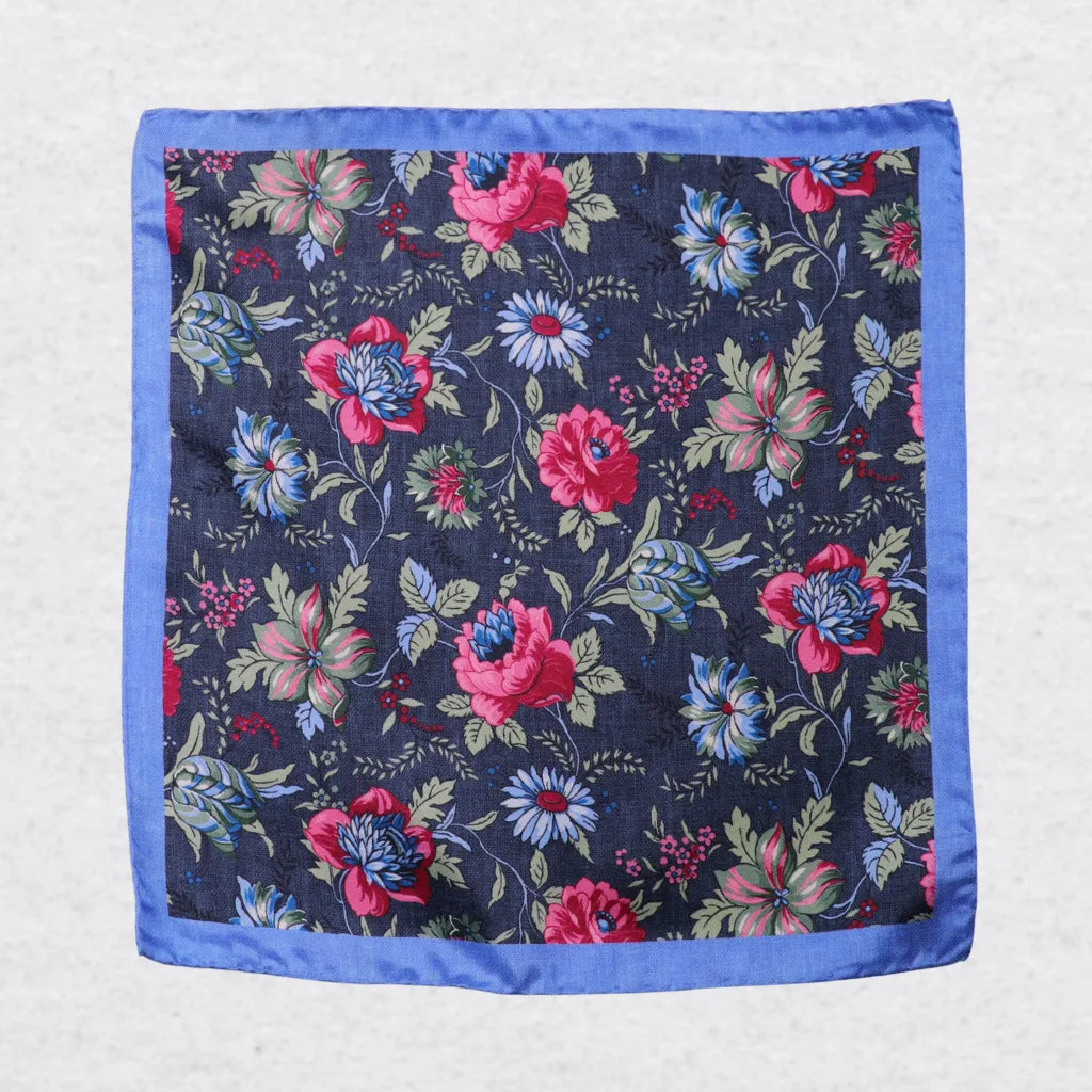 Monti Castello silk pocket square, sage ruby botanical, flat lay