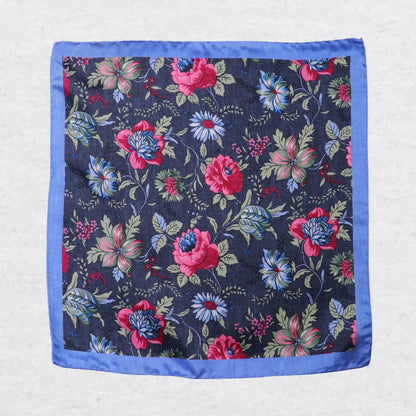 Monti Castello silk pocket square, sage ruby botanical, flat lay