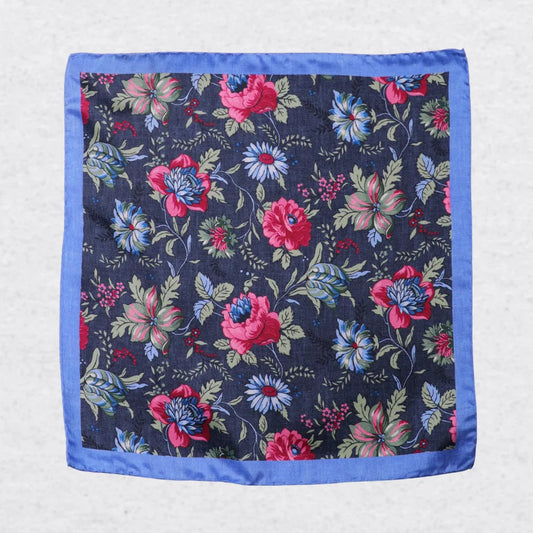 Monti Castello silk pocket square, sage ruby botanical, flat lay