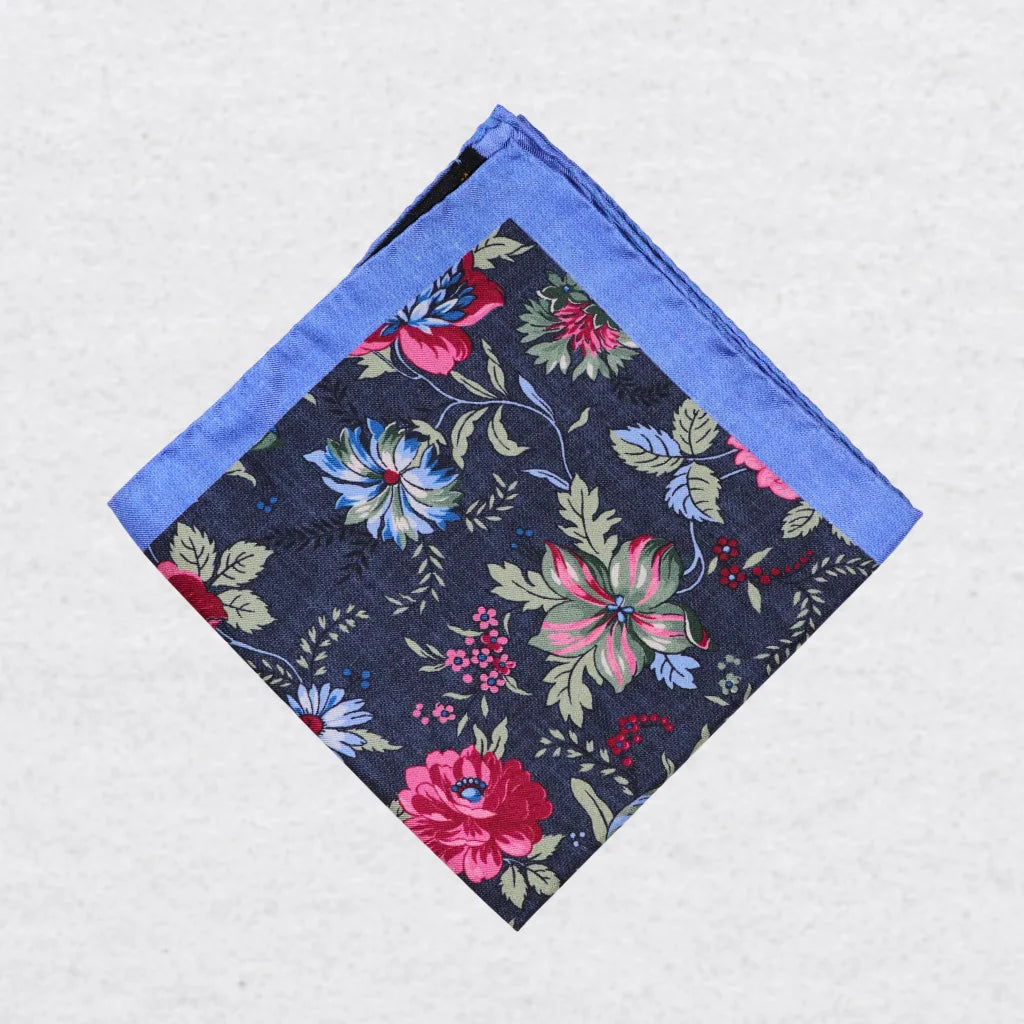 Monti Castello silk pocket square, sage ruby botanical, folded presentation