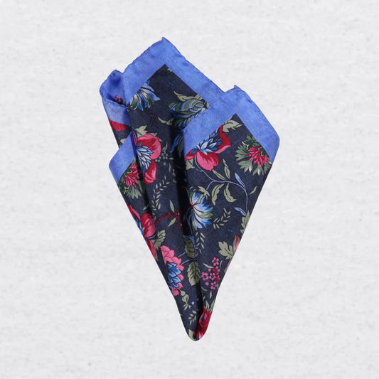 Monti Castello silk pocket square, sage ruby botanical, pinched fold