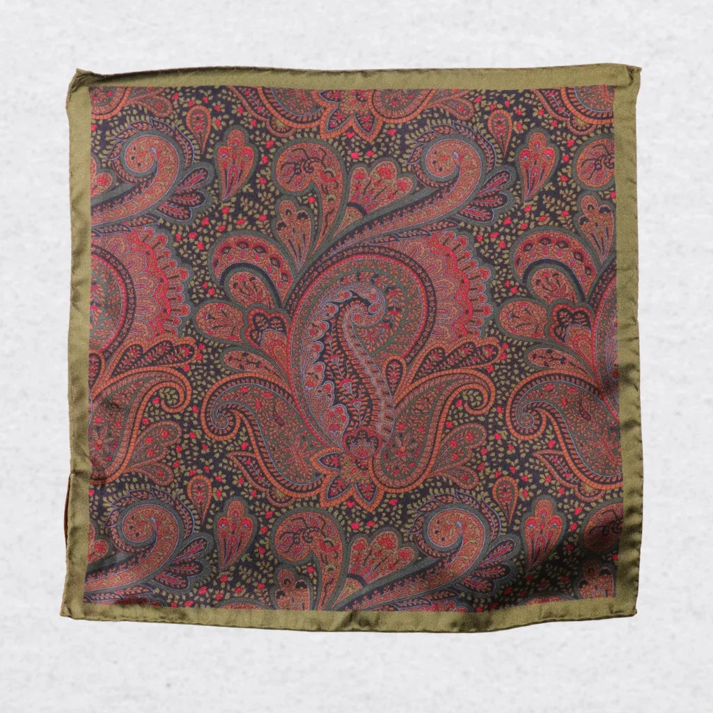 Monti Castello silk pocket square, olive cinnamon paisley, flat lay