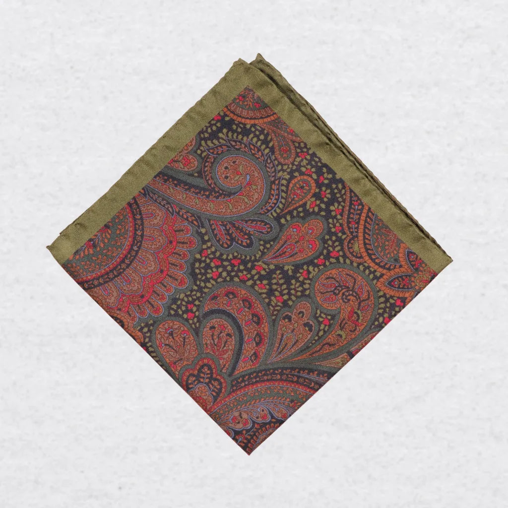 Monti Castello silk pocket square, olive cinnamon paisley, folded presentation