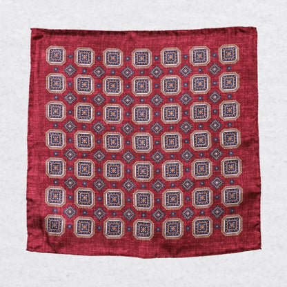 Monti Castello silk pocket square, Bordeaux camel square medallion, flat lay