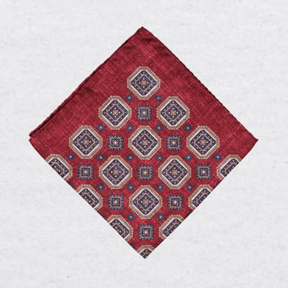 Monti Castello silk pocket square, bordeaux camel square medallion, folded presentation
