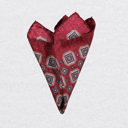 Monti Castello silk pocket square, Bordeaux camel square medallion, pinched fold