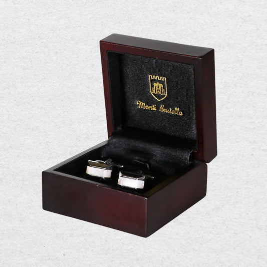Pyramid shaped cufflinks with mother of pearl stripe in a wooden box from Monti Castello