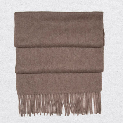 Taupe cashmere scarf against a light grey textured background