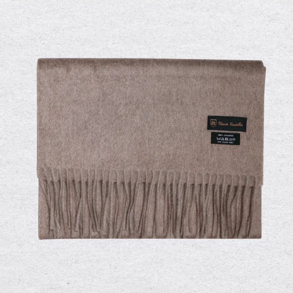 Taupe scarf with a Monti Castello label on a light gray background