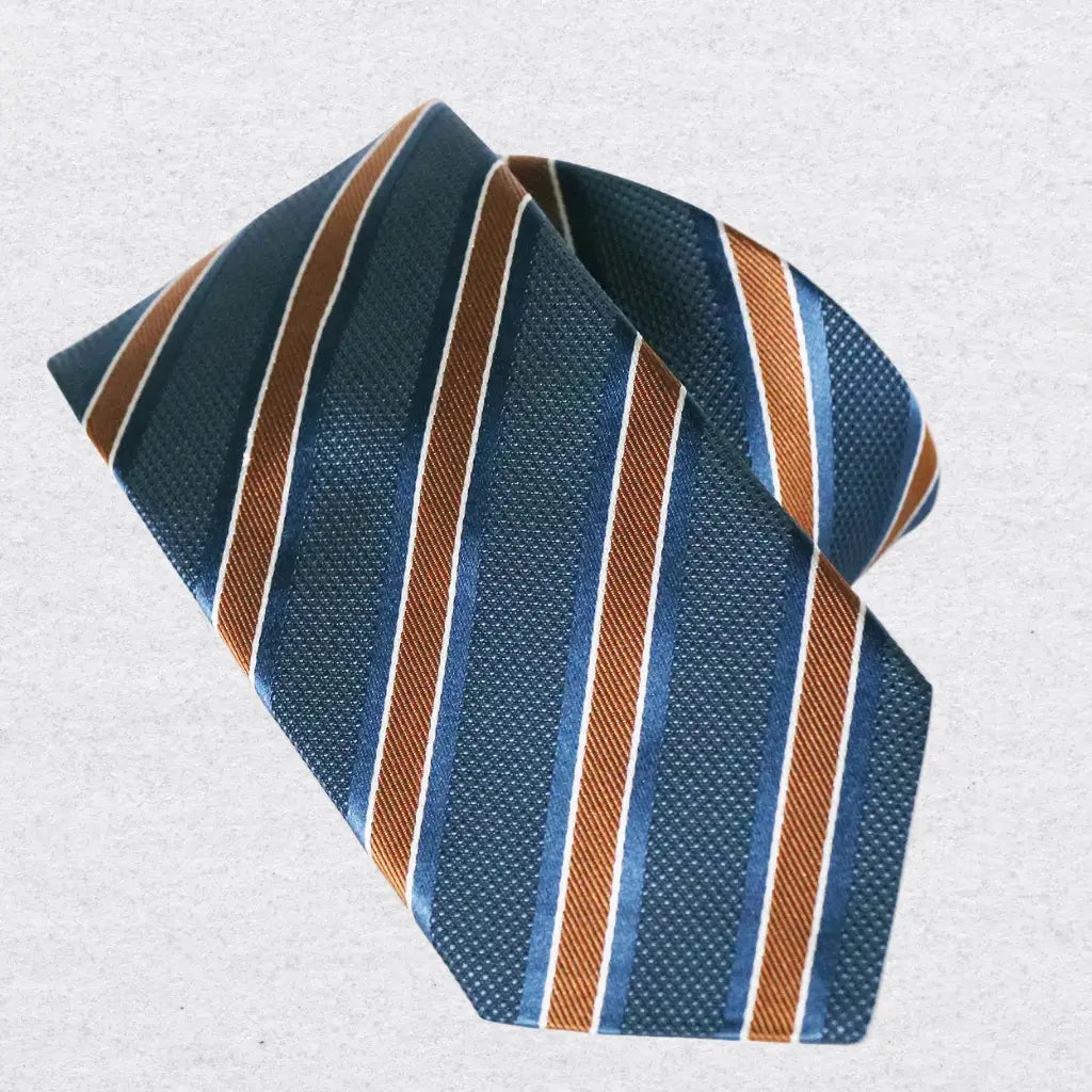 Blue and brown striped silk tie on a white background