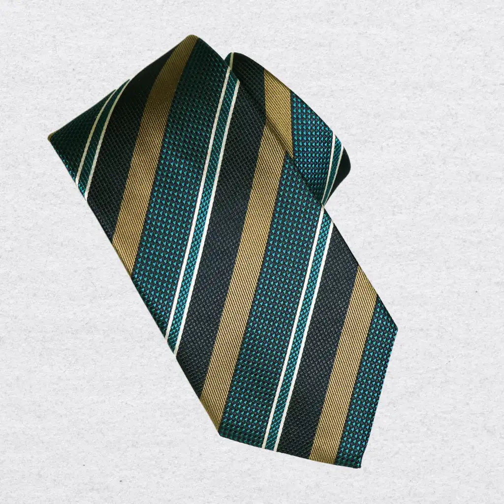 Bronze and Caerulean striped silk tie, rolled on a white background